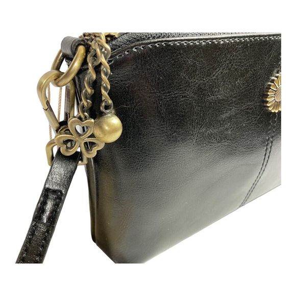 Kalunma Black 100% Smooth Oil Rich Leather Crossbody Purse Brass Bag Charms NWT - Picture 6 of 16